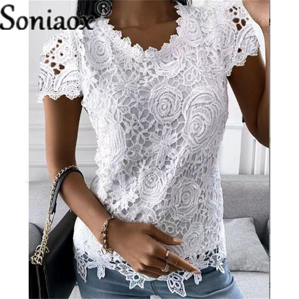 

women's blouses shirts summer elegant lace splicing shirt women's fashion o neck solid color short sleeve slim party pullover ol, White