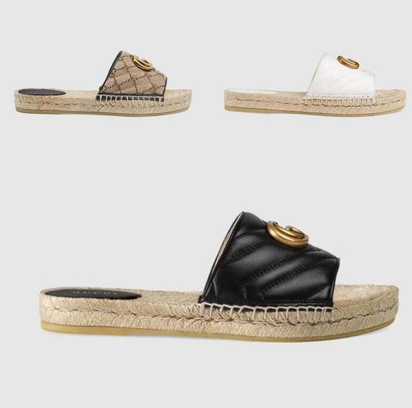 

designer summer platform casual sandals fashion golden letter logo flat bottom ladies fisherman shoes leather hemp rope grass lace woven lar, Black