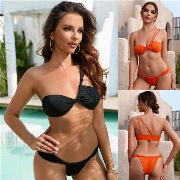 

split bikini solid color fashion one shoulder triangle swimsuit, White;black