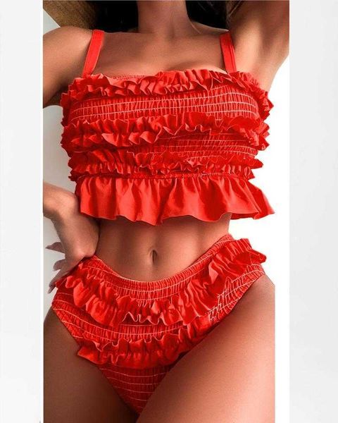 

solid color pleated bikini high waist triangle split women, White;black