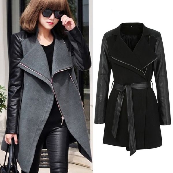 

women's trench coats autumn spring jacket women's pu leather trench long cardigan elegant pure color coat femal vintage overcoats, Tan;black