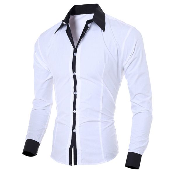 

men's polos men white shirt patchwork social dress autumn spring solid long sleeve slim fit male office casual button 230211, White;black