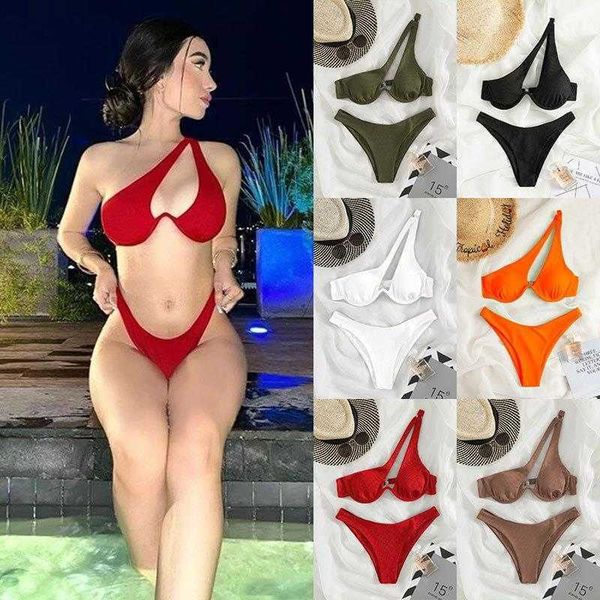 

multi color high waist triangle split swimsuit one shoulder underwire, White;black