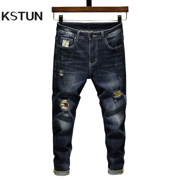 

men's jeans hip hop men elasticity dark blue ripped for boys slim fit fashion streetwear pants destroyed man patch clothes 230211