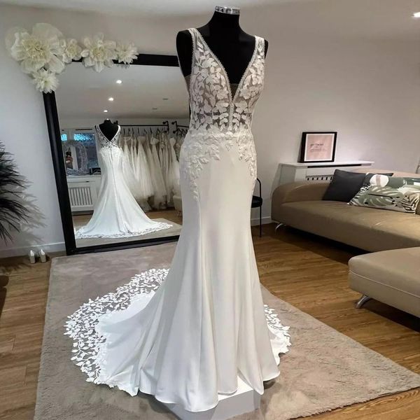 

graceful lace backless wedding dresses appliqued bridal gowns mermaid deep v neck plus size sweep train satin trumpet vestidos de novia, White