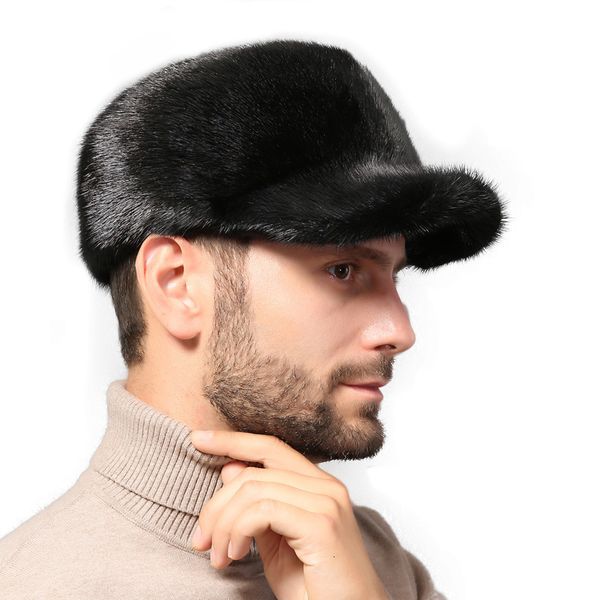 

ball caps luxury men's hats real mink fur winter 100 bomber ushanka cap russian ski fashion for men 230211, Blue;gray