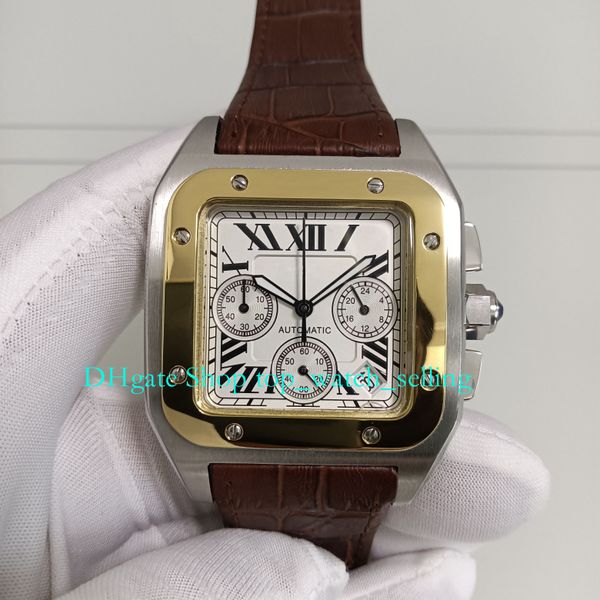 

chronograph watch for mens with box men silver dial 100 xl steel gold leather band folding clasp quartz chrono sport wristwatches watches, Slivery;black