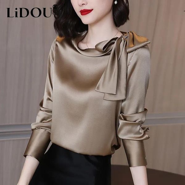 

women's blouses shirts summer autumn office lady satin solid elegant fashion bow shirt women long sleeve temperament bottoming blusa al, White