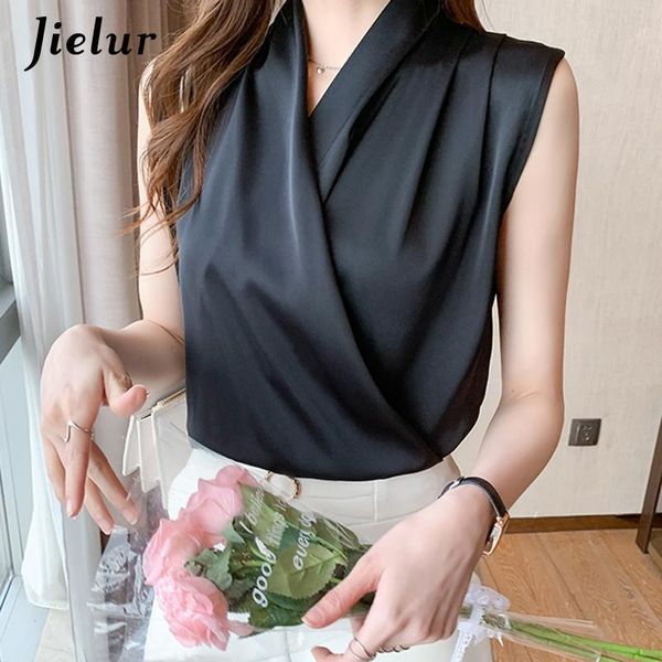 

women's blouses shirts jielur womens solid color white satin blouse office shirt blusas sleeveless women black female 230211