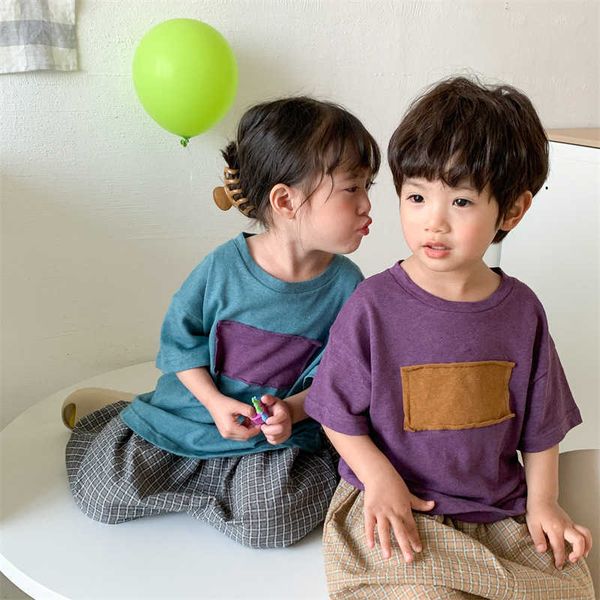 

t-shirts summer cotton linen patch short sleeve t shirts children cool loose 3 colors tees t230209, Blue