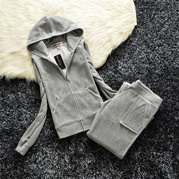 

spring and autumn ladies sweatshirt velvet zipper hoodie casual fashion sportswear two-piece pant sets outfits women, Gray