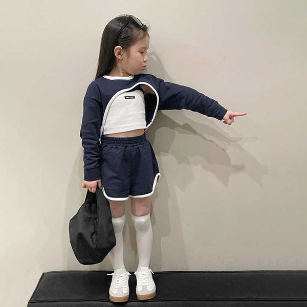 

clothing sets korean casual suit girls spring summer new long sleeve blouse vintage design shorts threepiece set toddler girl clothes, White
