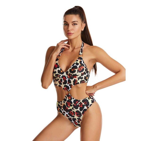 

connected bikini leopard print sling open back swimsuit, White;black