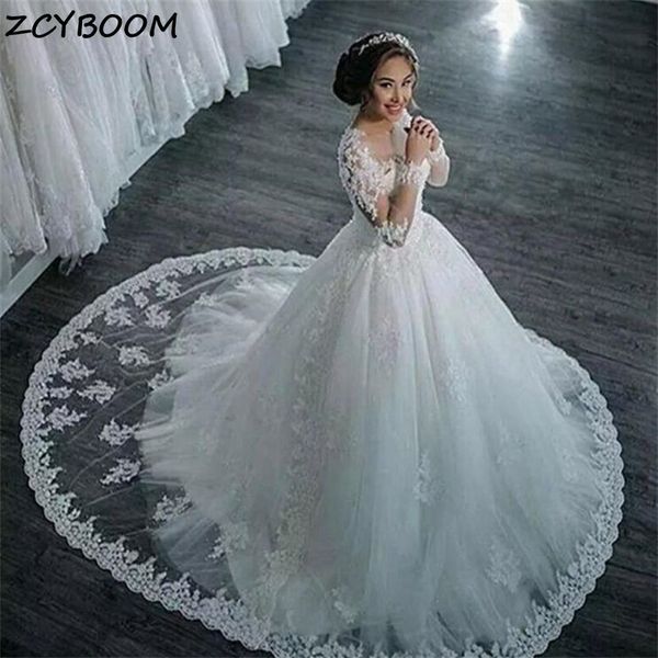 

party dresses illusion white ivory wedding long sleeves appliques lace beads sequins bride dress princess tulle gowns 230211, White;black