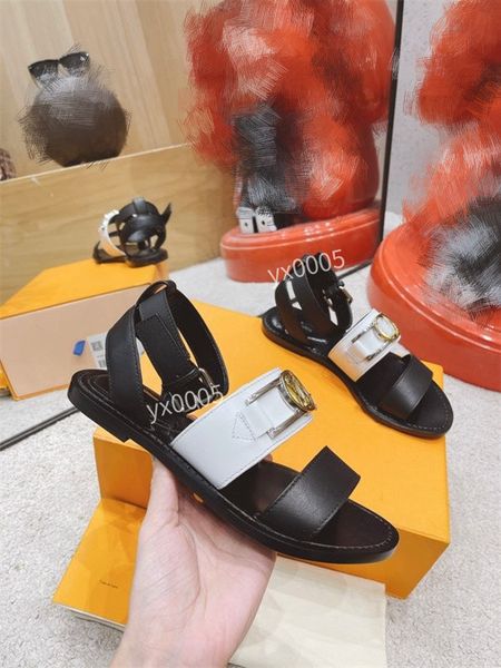 

2023 women calfskin leather slingback platform sandal summer beach shoes diamond buckle ankle strap flats chunky sports shoe size34-42 ys220, Black