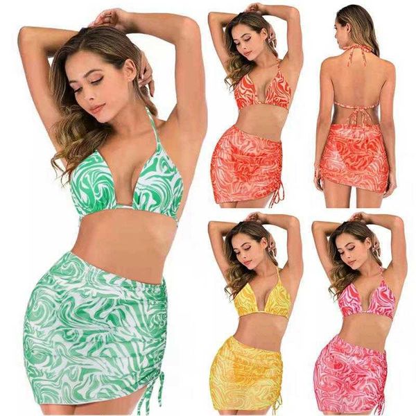 

three piece set bikini color sling backless gauzy drawstring womens, White;black