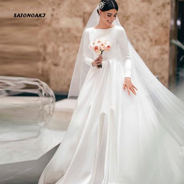 

party dresses vestidos de novia simple vintage white ivory satin wedding dress for women long sleeves princesa bridal gown robe marie custom, White;black