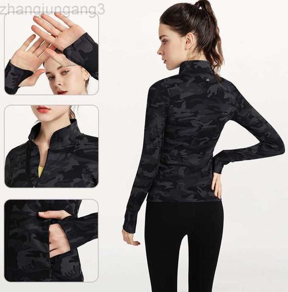 

designer autumn and winter sports coat women's yoga running outdoor fitness zippered hooded camouflage slimming training suit lululemen, Black;brown