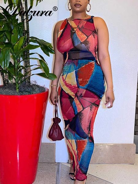 

casual dresses dulzura color block tie dye print women sleeveless mesh long maxi dress bodycon backless see through y2k vintage clothes t230, Black;gray
