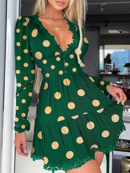 

party dresses polka dot print lace trim ruched dress women plunge long sleeve flared mini dress t230210, White;black