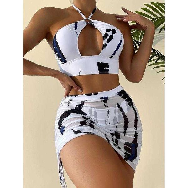 

three piece set bikini backless hollow out push up striped swimsuit for women, White;black