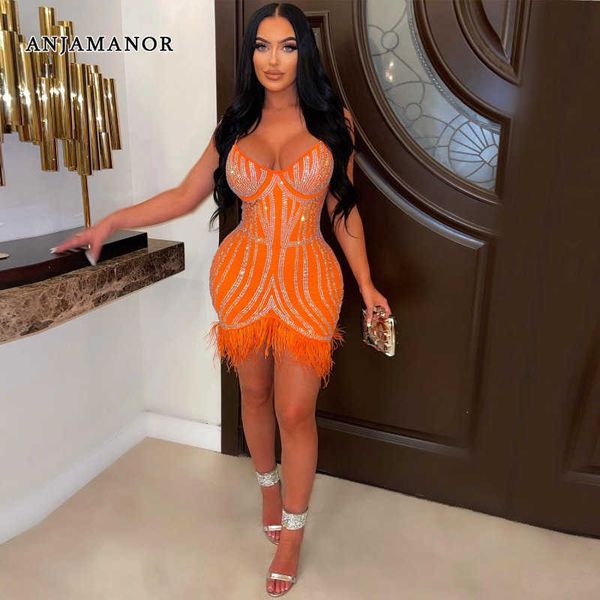 

casual dresses anjamanor feathers hem rhinestone bodycon mini dress winter party dresses women 2023 nightclub birthday outfits d35-fb23 t230, Black;gray