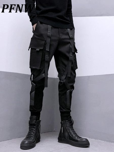 

mens pants pfnw darkwear safari style webbing spliced cargo pants men high street streetwear elastic waist slim tactical techwear 12a1634 23, Black