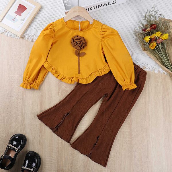 

clothing s children fahion korean verion style agaric edge long sleeve bell bottom pant set baby girl clothe suit, White