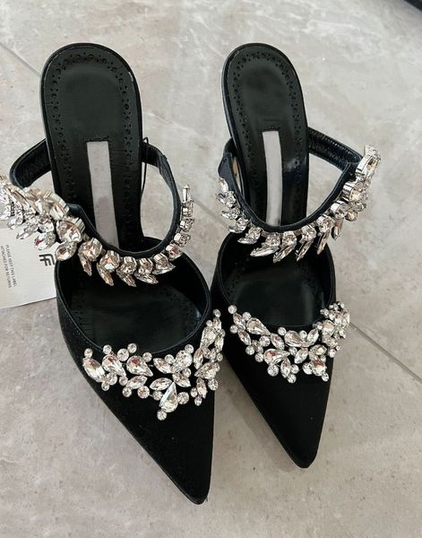 

famous brand lurum sandals shoes women mules leaf crystal-embellished satin high heels strappy lady slippers pointed toe pumps eu35-43 box, Black