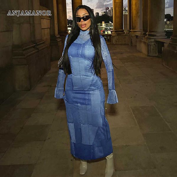

casual dresses anjamanor street fashion jean print bodycon maxi dress y2k winter long sleeve dresses for women clothing d96-cg25 t230210, Black;gray