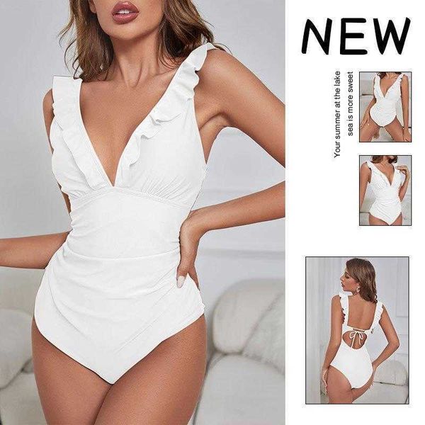 

triangle one piece swimsuit womens lace v neck pure color bikini, White;black