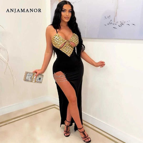 

casual dresses anjamanor asymmetric chain high split maxi dresses black evening gown for women elegant party night club outfits d57-ci26 t23, Black;gray