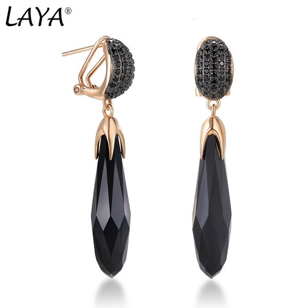 

charm laya 925 sterling silver inlaid with black stone retro long hanging earrings for women party original modern jewelry accessories 23021, Golden