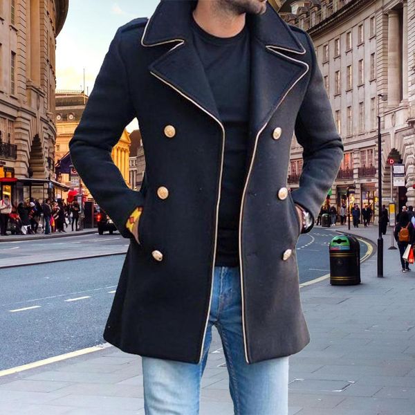 

men's wool blends woolen coat autumn winter lapel doublebreasted fit fashion jacket outwear long sleeve overcoat 230210, Black