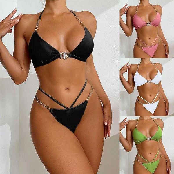 

multicolor chain bikini women solid color high waist lace up, White;black