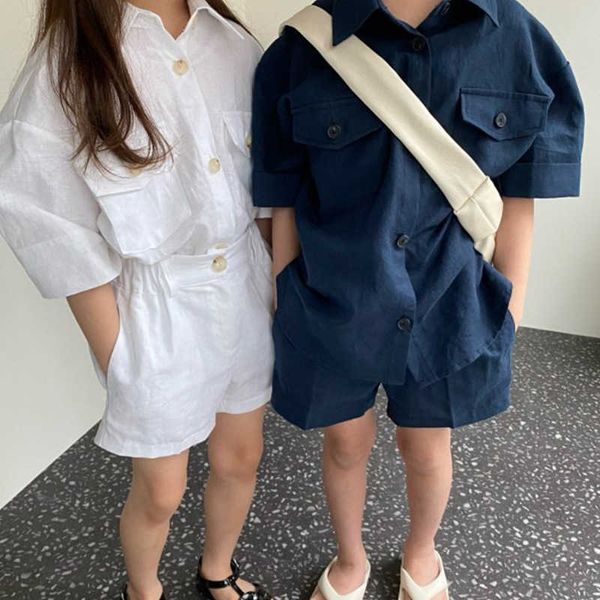 

clothing sets south korean summer new and girls' fashion handsome double pocket lapel shirt shorts suit kids clothes boys, White