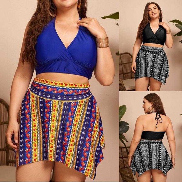 

three piece set plus size bikini gather backless printed short skirt, White;black