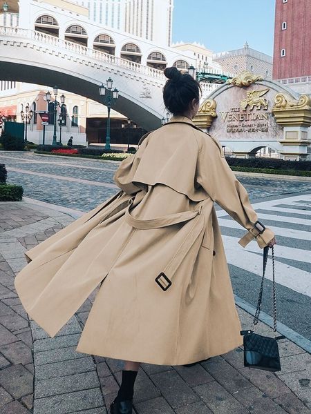 

women's trench coats trench coat for women autumn winter loose coat women's casual long windbreaker clothing female coats and jack, Tan;black