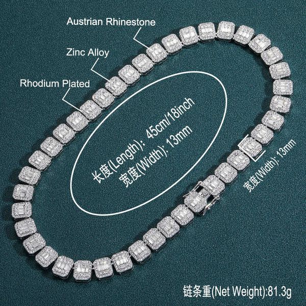 

popular men's hip-hop necklace studded alloy collarbone 13mm square rock sugar chain, Silver