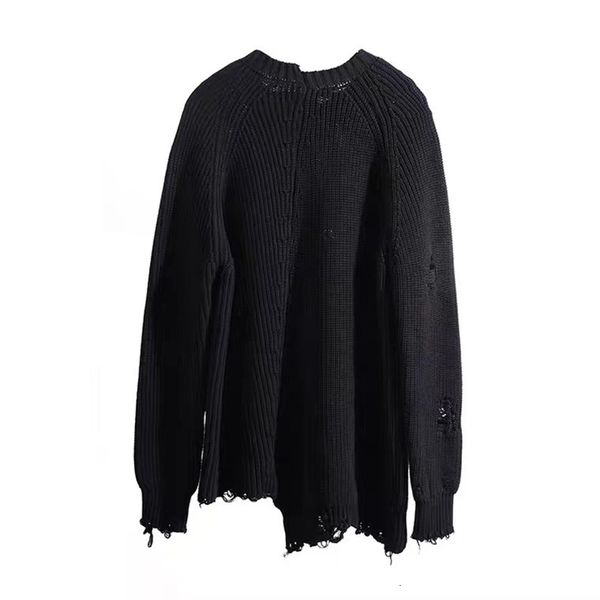 

men's sweaters japan style streetwear ripped hole patchwork knitted men sweater oversized autumn winter jumper hip hop knitwear women p, White;black