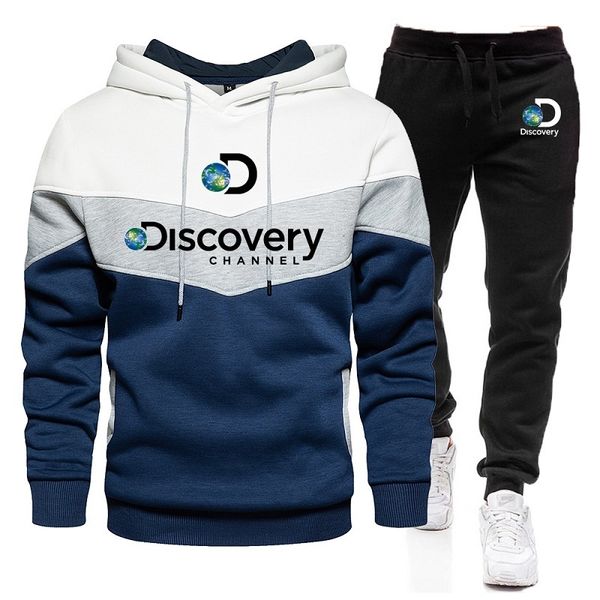 

men's hoodies sweatshirts patchwork tracksuit discovery channel sweatshirtsweatpants suit autumn winter warm sportswear sets pullover 2, Black