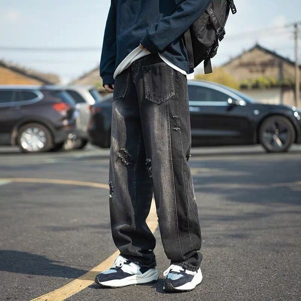 

men's jeans deeptown vintage ripped men retro fashion hole denim pants hip hop punk trousers male streetwear loose casual straight 3xl, Blue