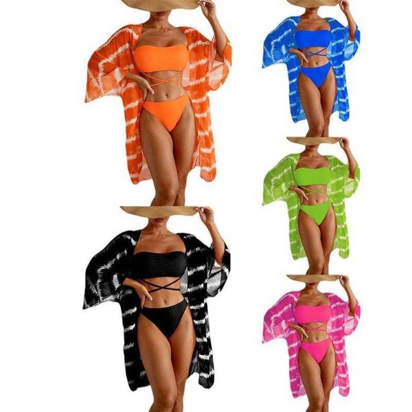 

three piece set swimsuit mesh outerwear multicolor bikini, White;black