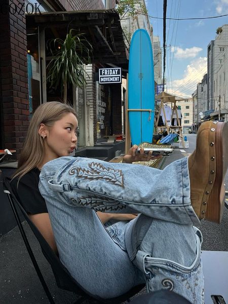 

women's jeans large size street retro jeans women's vintage embroidered detachable stacked high street trousers high waisted jeans, Blue