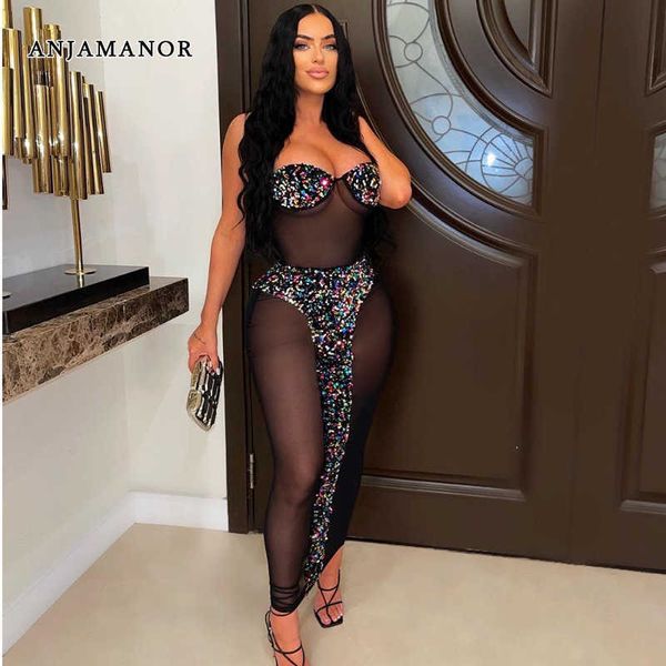 

casual dresses anjamanor sequins embellished mesh see through birthday dresses for women 2023 club outfits tube maxi dress d82-dh22 t230210, Black;gray