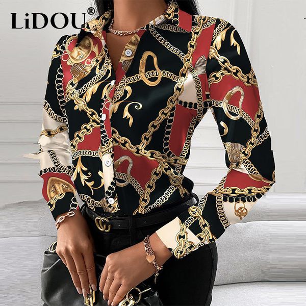 

women's blouses shirts street style personality chain printing long sleeve casual shirt women harajuku fashion lapel buttons slim blous, White