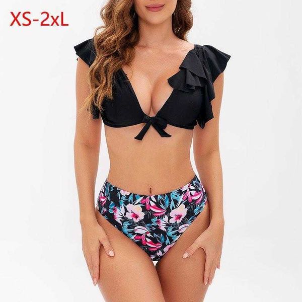 

arrival tied lotus leaf split swimsuit female high waist triangle fashion, White;black