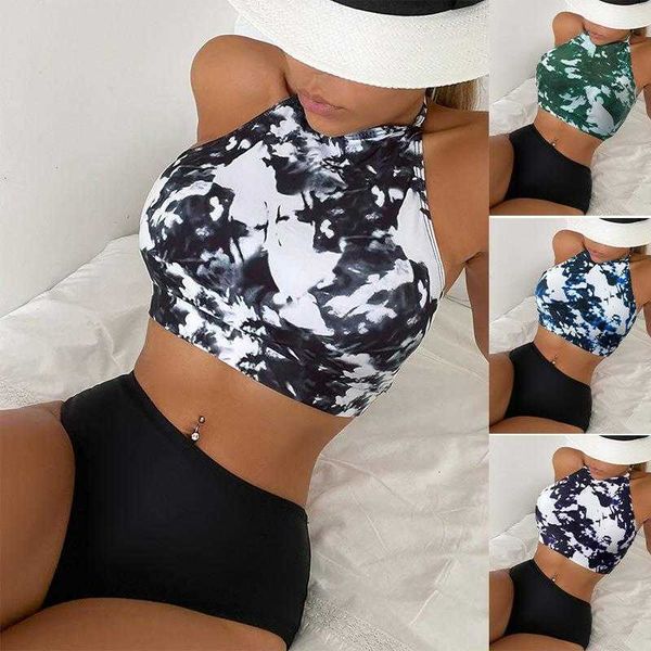 

halter chest pad bikini print tied high waist split, White;black