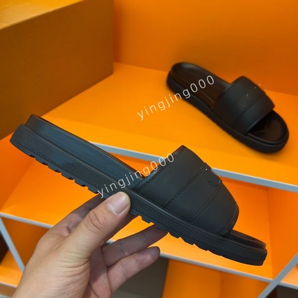 

designers slippers calfskin men sandals sandal hook loop fastener mules slipper rubber slides, Black