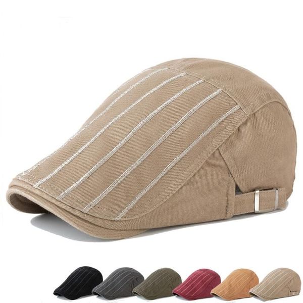

berets british striped flat caps spring man painter caps beret summer cotton embroidered hat boina casual elastic europe america barett retr, Yellow